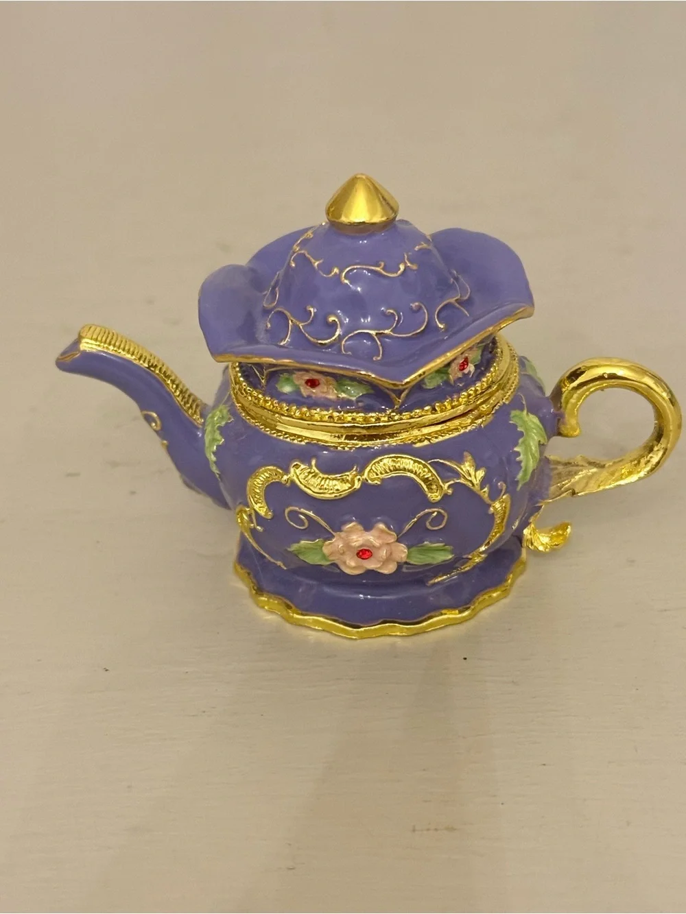 Bejeweled Purple Teapot Hinged Trinket Box Jeweled Enamel Miniature Ring Holder